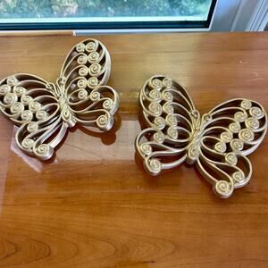 Set of 2 Vintage Burlwood MCM Butterfly Wall Hangings – Retro Swirl Design